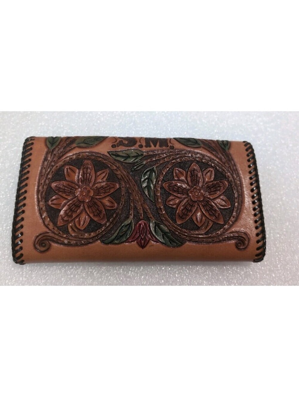 Floral Brown Genuine Leather Vintage Hand-Tooled Clutch/Wallet "SM" Initials - Picture 2 of 5